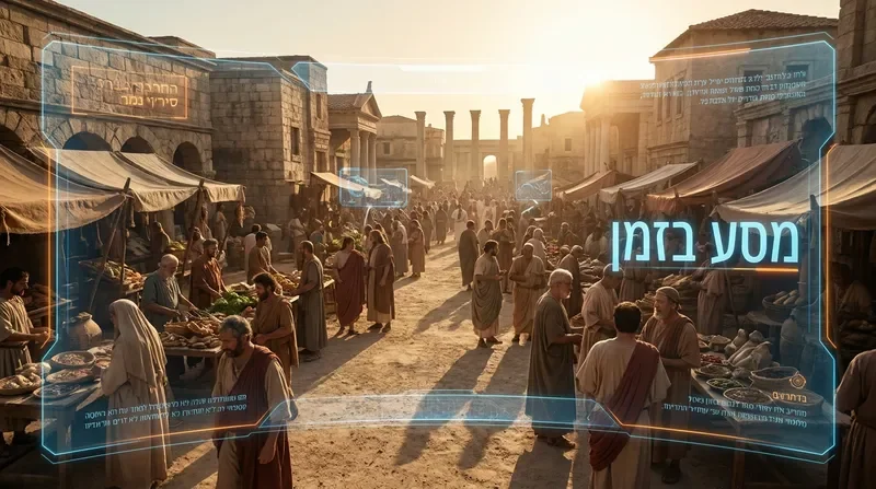 שוק רומי עתיק עם ממשק הולוגרפי עתידני