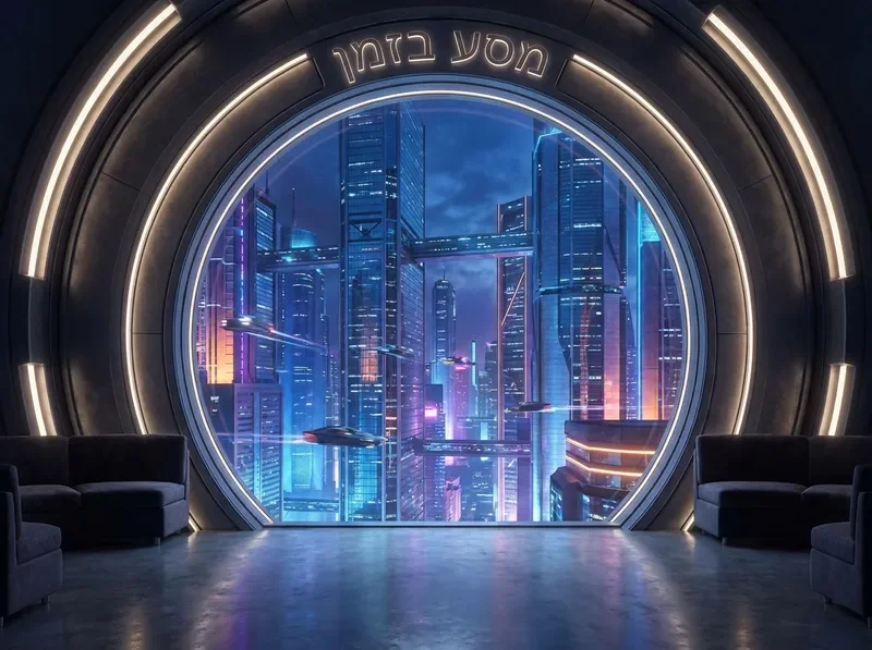 נוף עירוני עתידני מואר ניאון דרך חלון פורטל זמן