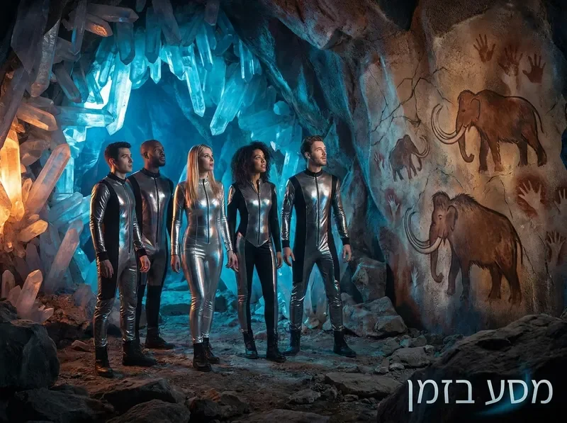 מטיילי זמן במערה פרהיסטורית עם ציורי קיר זוהרים